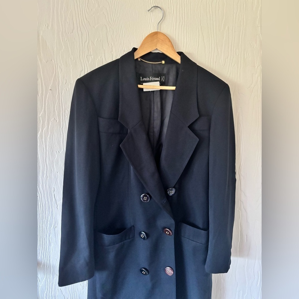 Vintage Louis Feraud Double Breasted Lightweight Wool Black Trench Coat Jacket - Picture 7 of 15